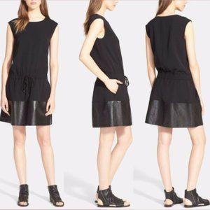 VINCE Black Leather Trim Drawstring Drop Waist Dress Size Small